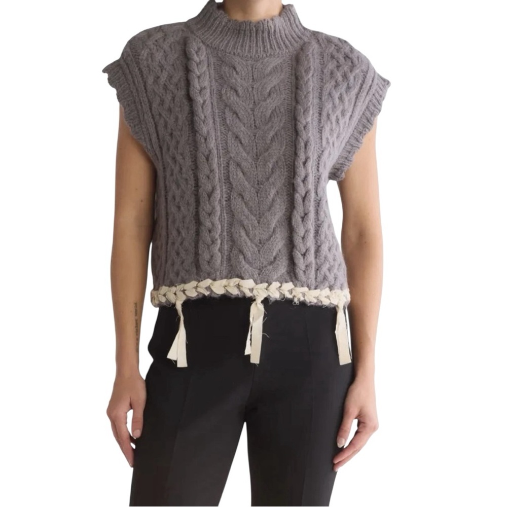 NEW Boho Elie Tahari Gray Cropped Cable Knit Mohair Blend Gray Cottage